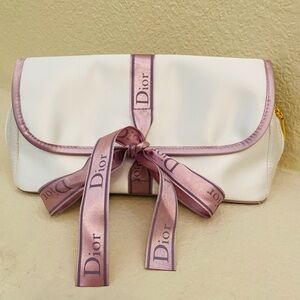 Christian Dior White Satin Cosmetic and toiletry Bag  with Mauve Ribbon Tie